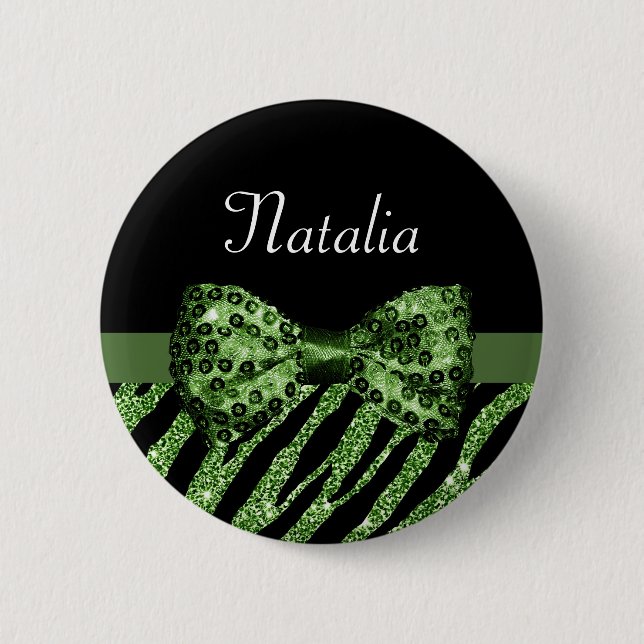 Cute Green Zebra Print FAUX Glitz Bow With Name 6 Cm Round Badge (Front)