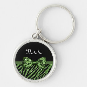Cute Green Zebra Print FAUX Glitz Bow With Name Key Ring