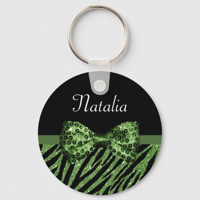 Cute Green Zebra Print FAUX Glitz Bow With Name Key Ring (Front)