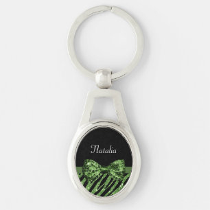 Cute Green Zebra Print FAUX Glitz Bow With Name Key Ring