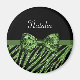 Cute Green Zebra Print FAUX Glitz Bow With Name Magnet