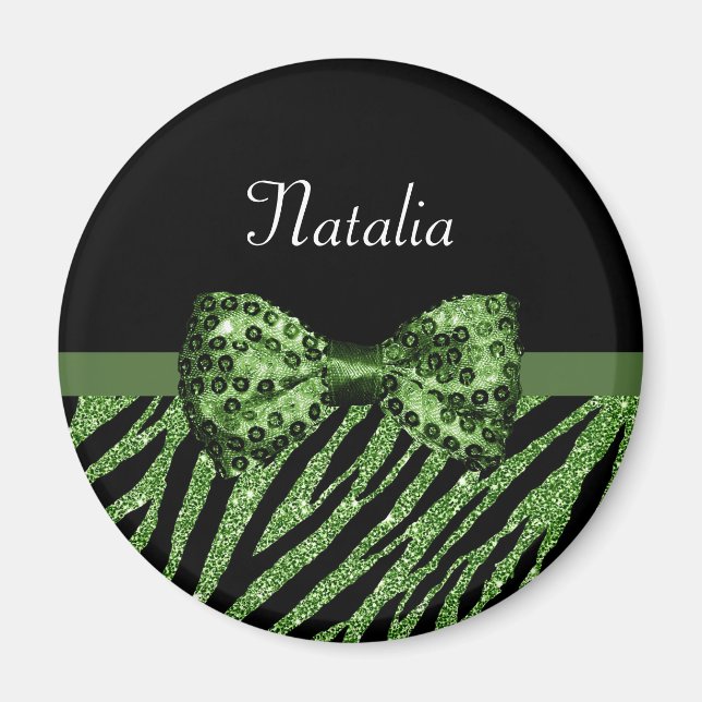 Cute Green Zebra Print FAUX Glitz Bow With Name Magnet (Front)