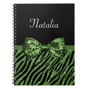 Cute Green Zebra Print FAUX Glitz Bow With Name Notebook