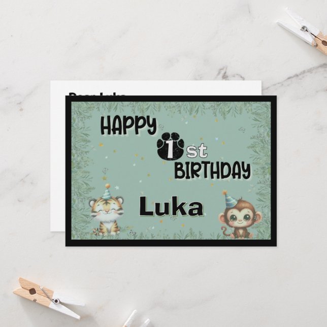 Cute Greenery 1st First Wild Safari Happy Birthday (Front/Back In Situ)