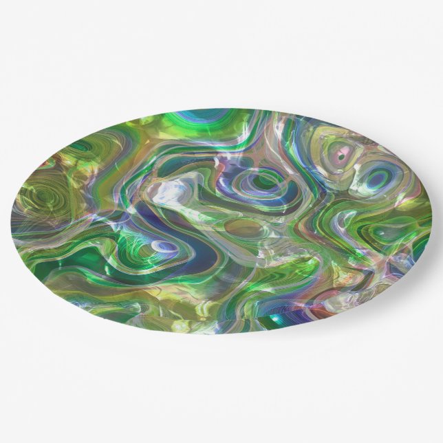 Cute Greenery Blue Abstract Marble Pattern Paper Plate (Angled)