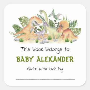 Cute Greenery Dinosaurs Baby Shower Bookplate Square Sticker