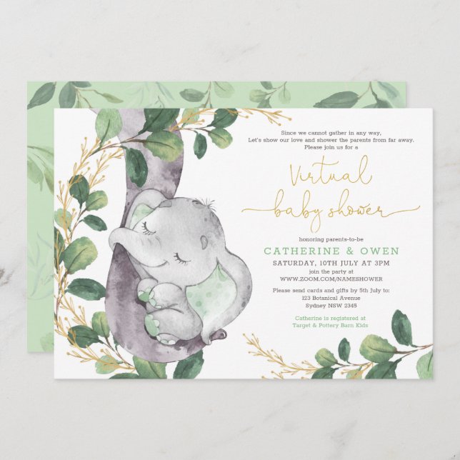 Cute Greenery Elephant Virtual Baby Shower By Mail Invitation (Front/Back)
