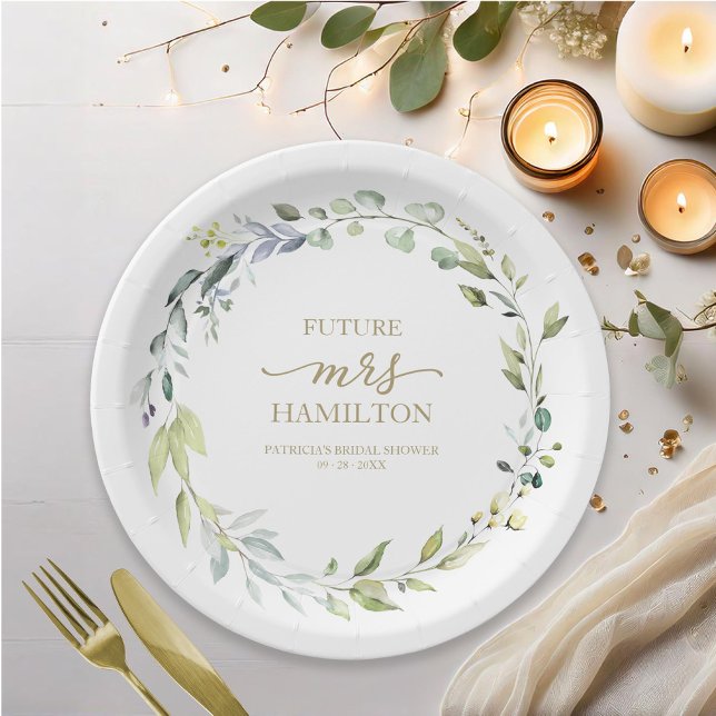 Cute Greenery Eucalyptus Wreath Bridal Shower Pape Paper Plate (Creator Uploaded)
