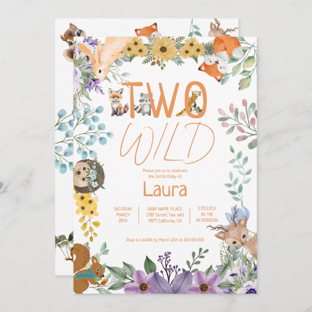 Cute greenery forest animals woodland 2nd birthday invitation (Front/Back)