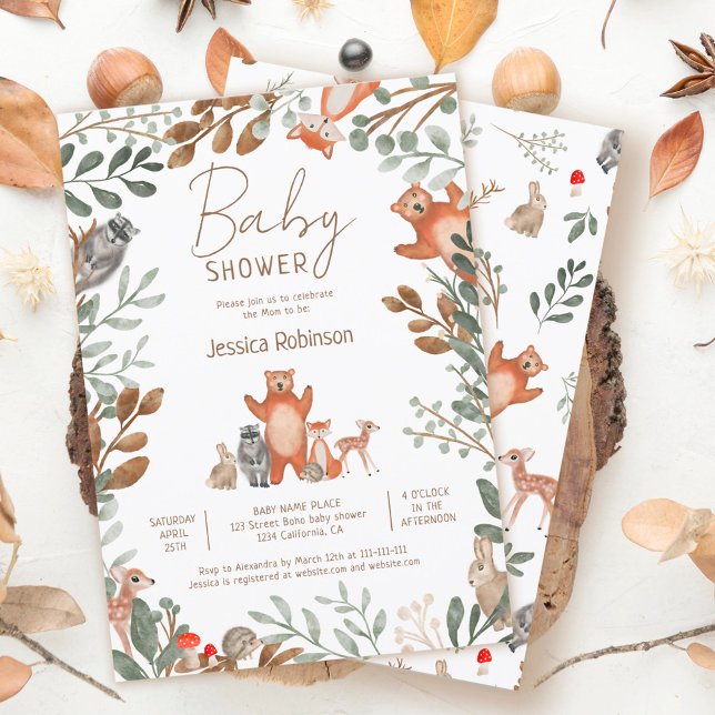 Cute greenery forest animals woodland baby shower invitation (Creator Uploaded)