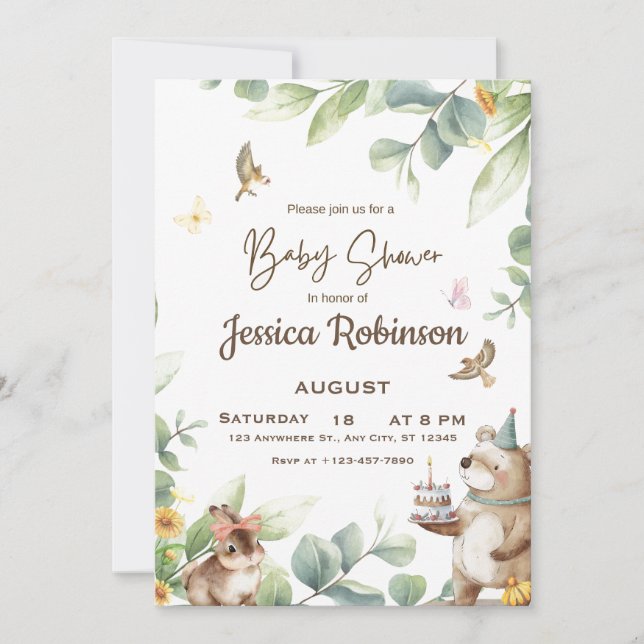 Cute greenery forest animals woodland baby shower invitation (Front)