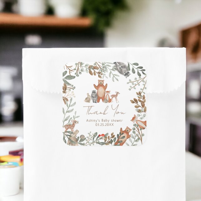 Cute greenery forest animals woodland baby shower square sticker (Cute greenery forest animals woodland baby shower square sticker)