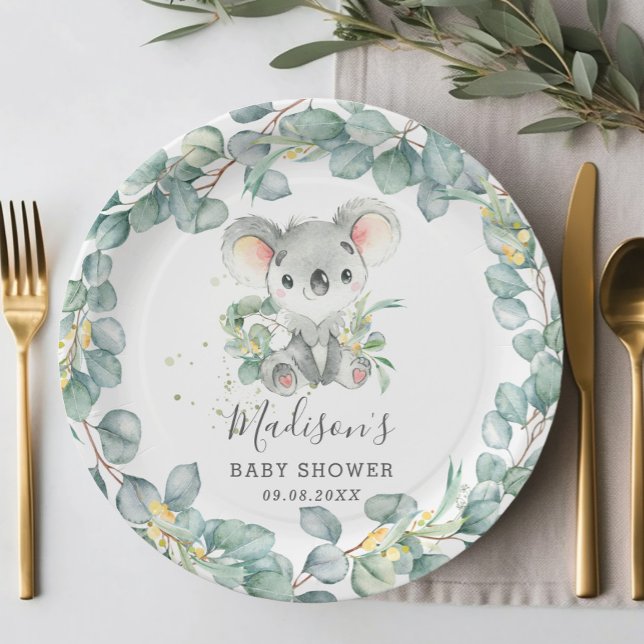 Cute Greenery Koala Baby Boy Shower Birthday Paper Plate (Creator Uploaded)