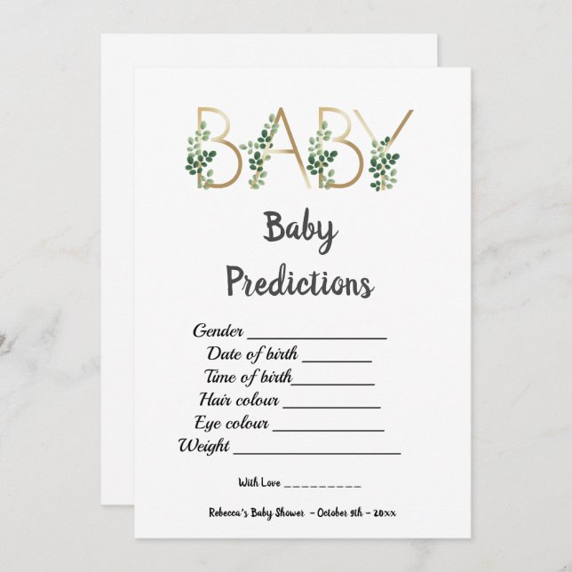 Cute Greenery Slogan Baby Shower Predictions Game  Invitation (Front/Back)