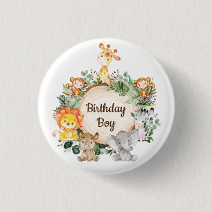 Cute Greenery Wild Safari Animals Birthday Boy 3 Cm Round Badge