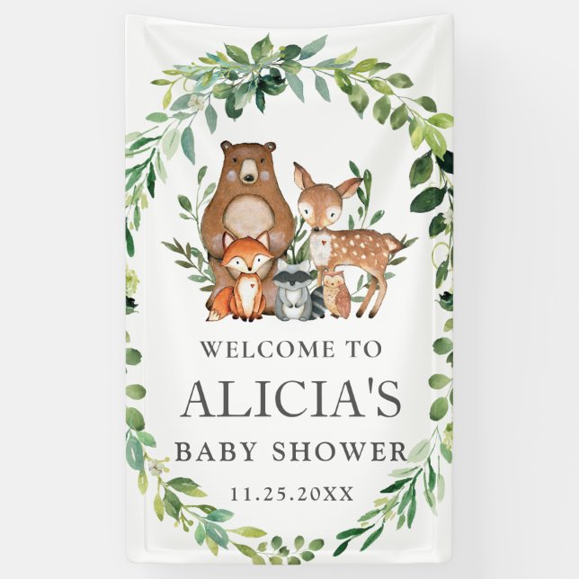 Cute Greenery Woodland Animal Baby Shower Backdrop Banner (Vertical)