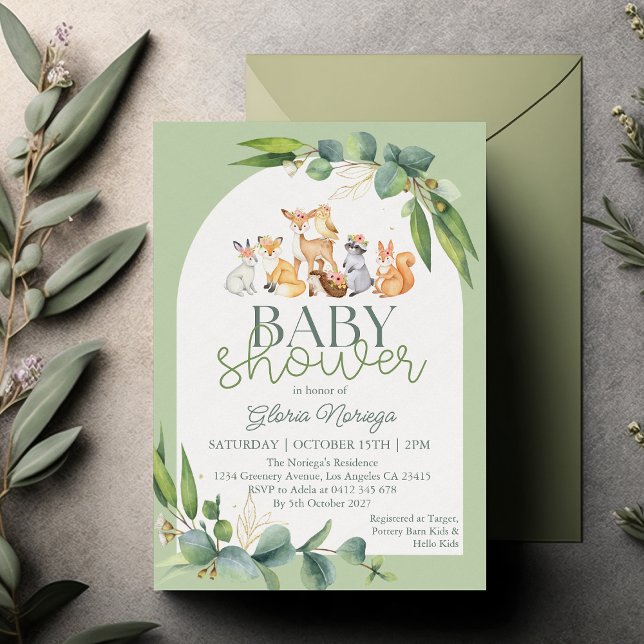 Cute Greenery Woodland Animals Baby Shower Invitation (Creator Uploaded)