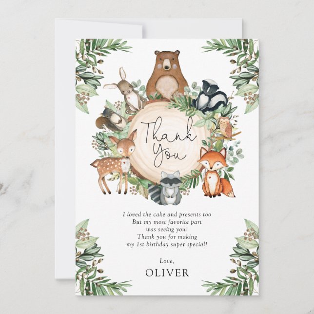 Cute Greenery Woodland Baby Animals Thank You Card (Front)