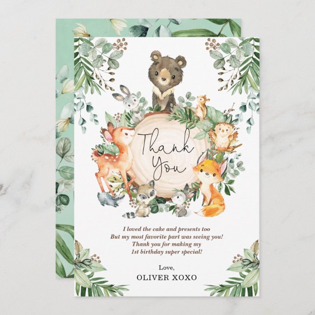 Cute Greenery Woodland Forest Animals Birthday Thank You Card (Front/Back)