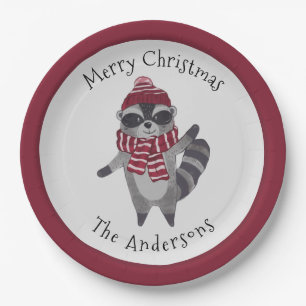 Cute Grey and Red Watercolor Christmas Racoon  Paper Plate