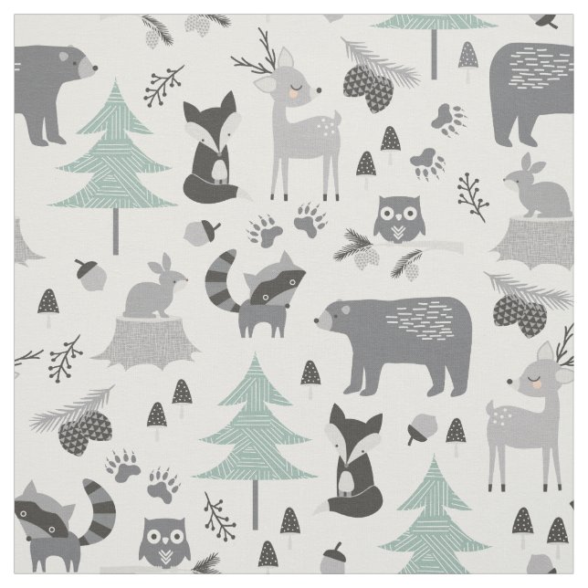 Cute Grey and Teal Woodland Animals Fabric (Swatch)