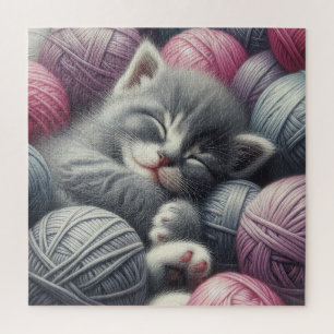 Cute Grey and White Kitten Napping in Yarn Jigsaw Puzzle