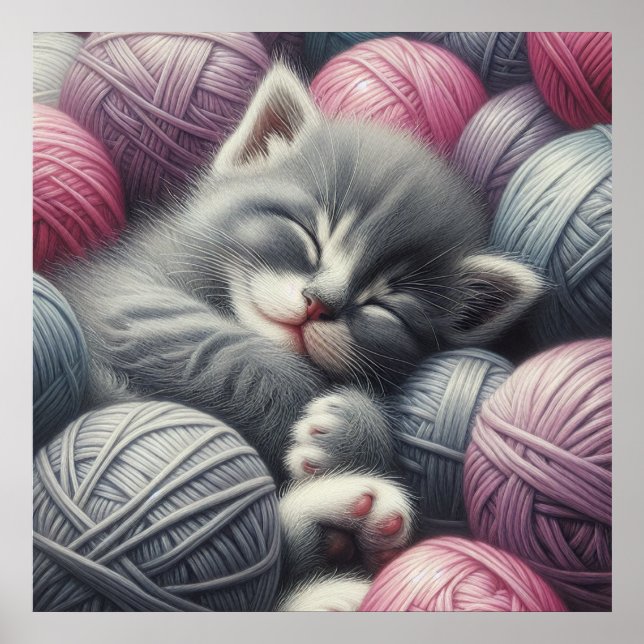 Cute Grey and White Kitten Napping in Yarn Poster (Front)