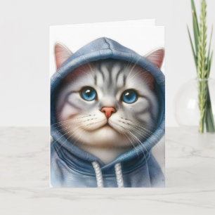 Cute Grey and White Tabby Cat Blue Eyes Hoodie  Card
