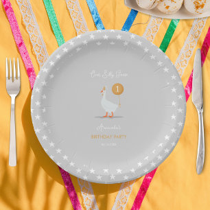 Cute Grey and Yellow 1st Birthday Party Goose Paper Plate