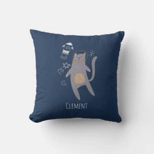 Cute Grey Astronaut Cat Custom Name Cushion