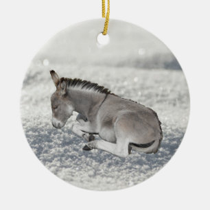Cute Grey Baby Donkey Foal in Snow Ceramic Tree Decoration