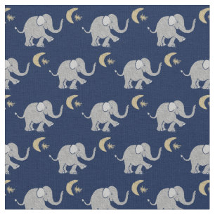 Cute Grey Baby Elephant with Moon and Star on Blue Fabric
