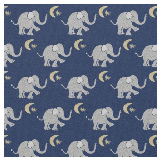 Cute Grey Baby Elephant with Moon and Star on Blue Fabric (Close Up)