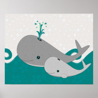 Cute Grey Baby Whale on the Waves Cartoon Poster