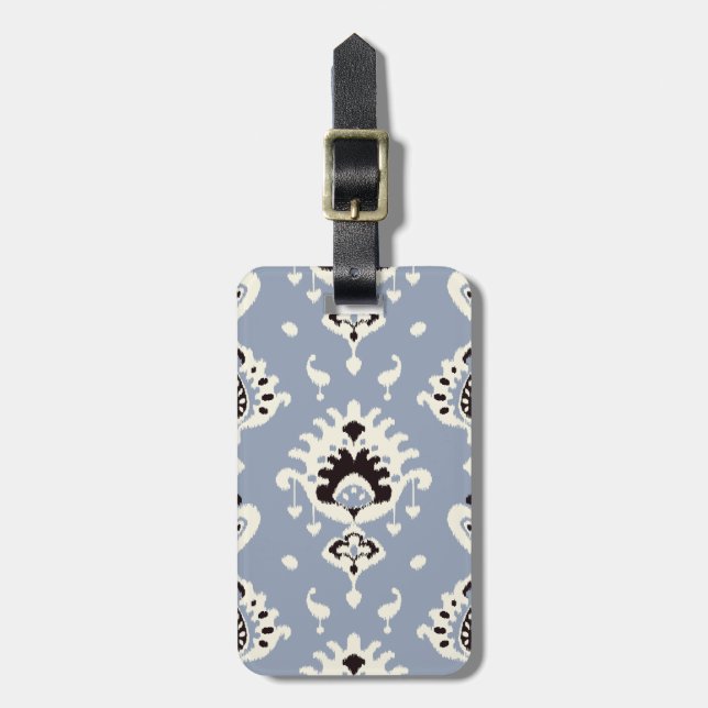 Cute grey beige ikat tribal patterns luggage tag (Front Vertical)