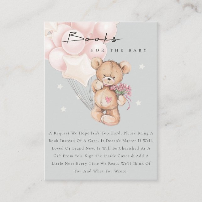Cute Grey Blush Bear Balloon Books For Baby Shower Enclosure Card (Front)
