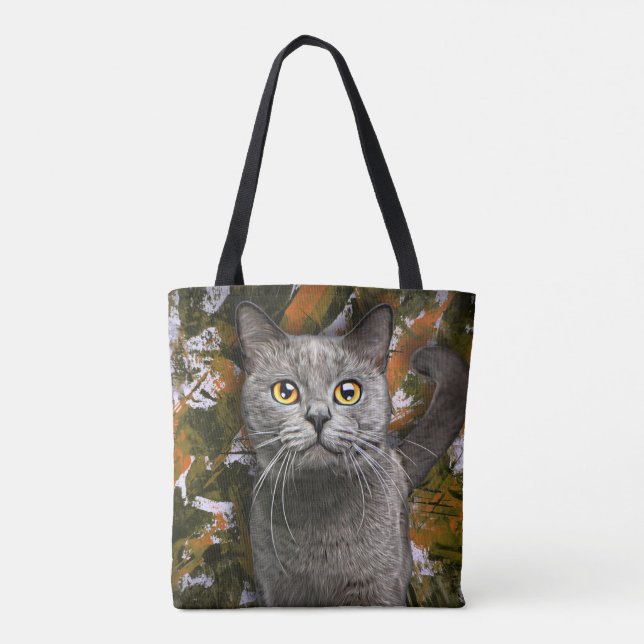 Cute Grey British Shorthair Cat Portrait Painting  Tote Bag (Back)