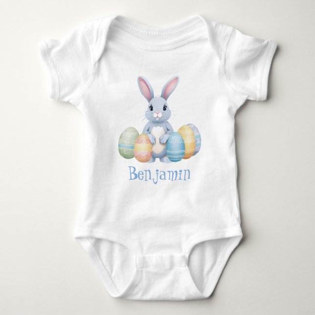 Cute Grey Bunny Rabbit With Easter Eggs Name White Baby Bodysuit (Front)
