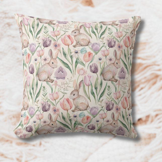 Cute Grey Bunny with Colourful Tulips Cushion (Creator Uploaded)