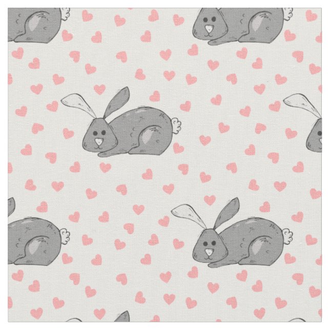 Cute Grey Bunny with Pink Hearts Print Fabric (Close Up)