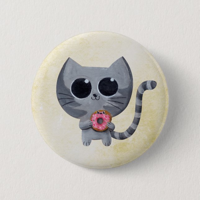 Cute Grey Cat and Doughnut 6 Cm Round Badge (Front)