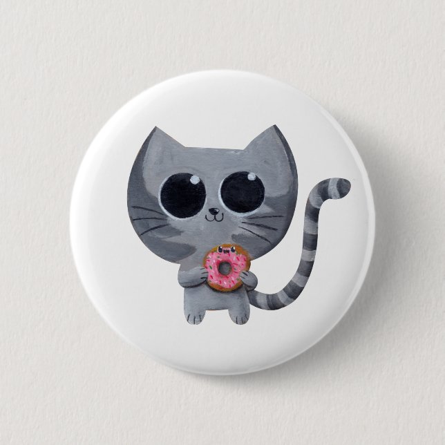 Cute Grey Cat and Doughnut 6 Cm Round Badge (Front)