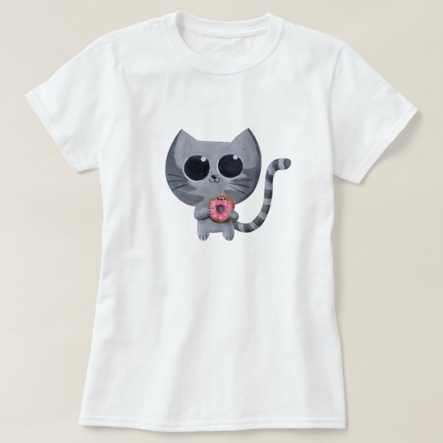 Cute Grey Cat and Doughnut T-Shirt (Design Front)