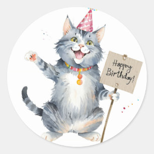 Cute Grey Cat Birthday Sign - Birthday Classic Round Sticker