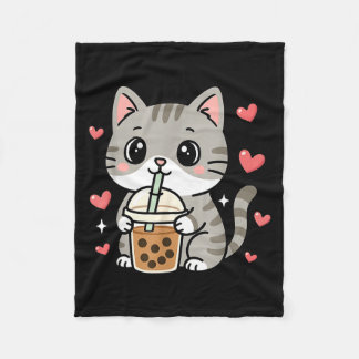 Cute Grey Cat Boba Tea Bubble Tea Anime Kawaii Nek Fleece Blanket