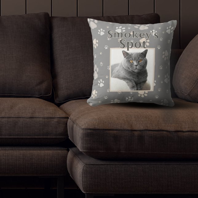 Cute Grey Cat Custom Pet Photo Name Paws Cushion (Creator Uploaded)
