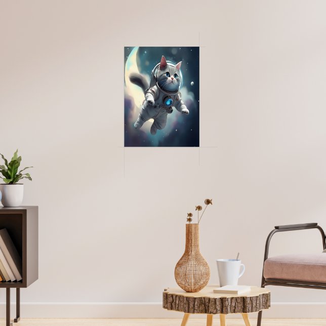 Cute Grey Cat Flying in Space Poster (Living Room 3)