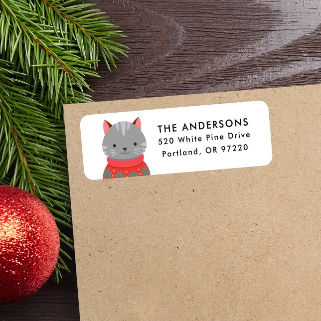 Cute Grey Cat in Sweater Christmas Return Address (Creator Uploaded)