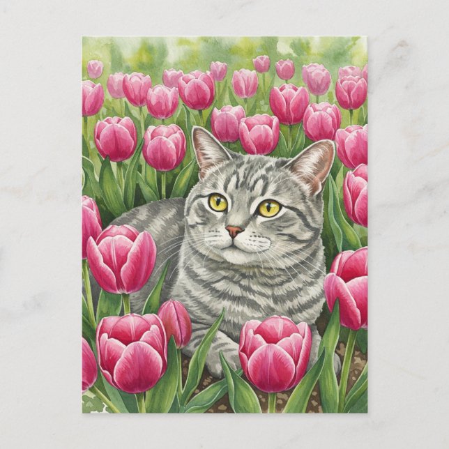 Cute Grey Cat in Tulips Postcard (Front)
