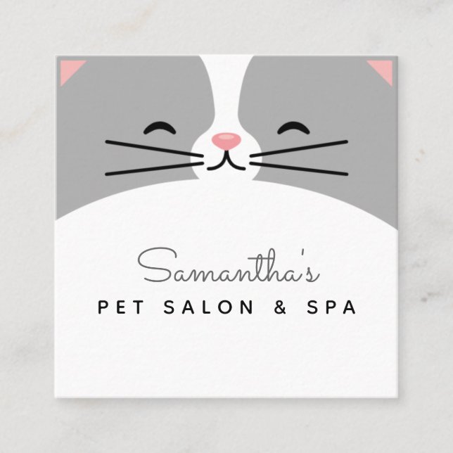 Cute Grey Cat Kitten Face Pet Care Salon & Spa Fun Square Business Card (Front)